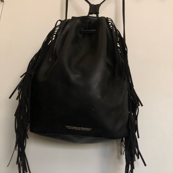 PINK Victoria's Secret Handbags - Victoria's Secret Women’s Backpack With Fringe Pull String Faux Leather Black